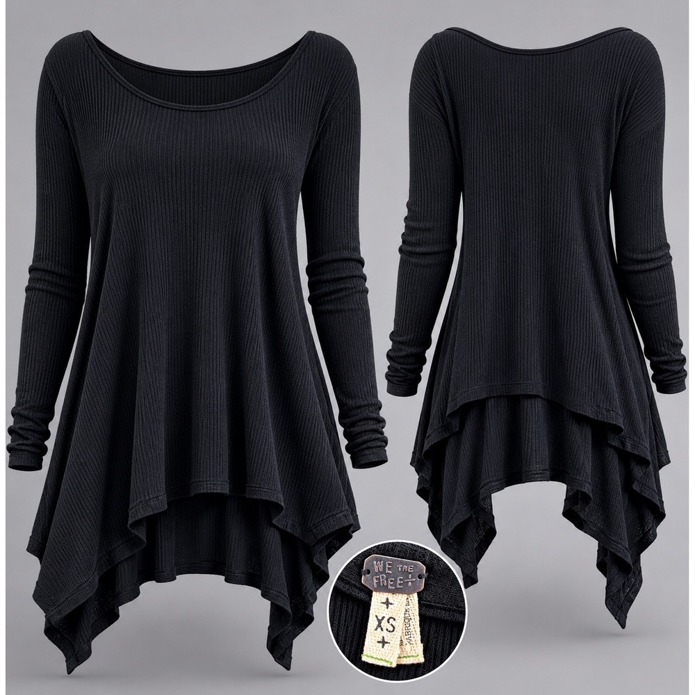 We The Free January Tee‎ Black Ribbed Thermal Tunic Oversized Lagenlook XS New